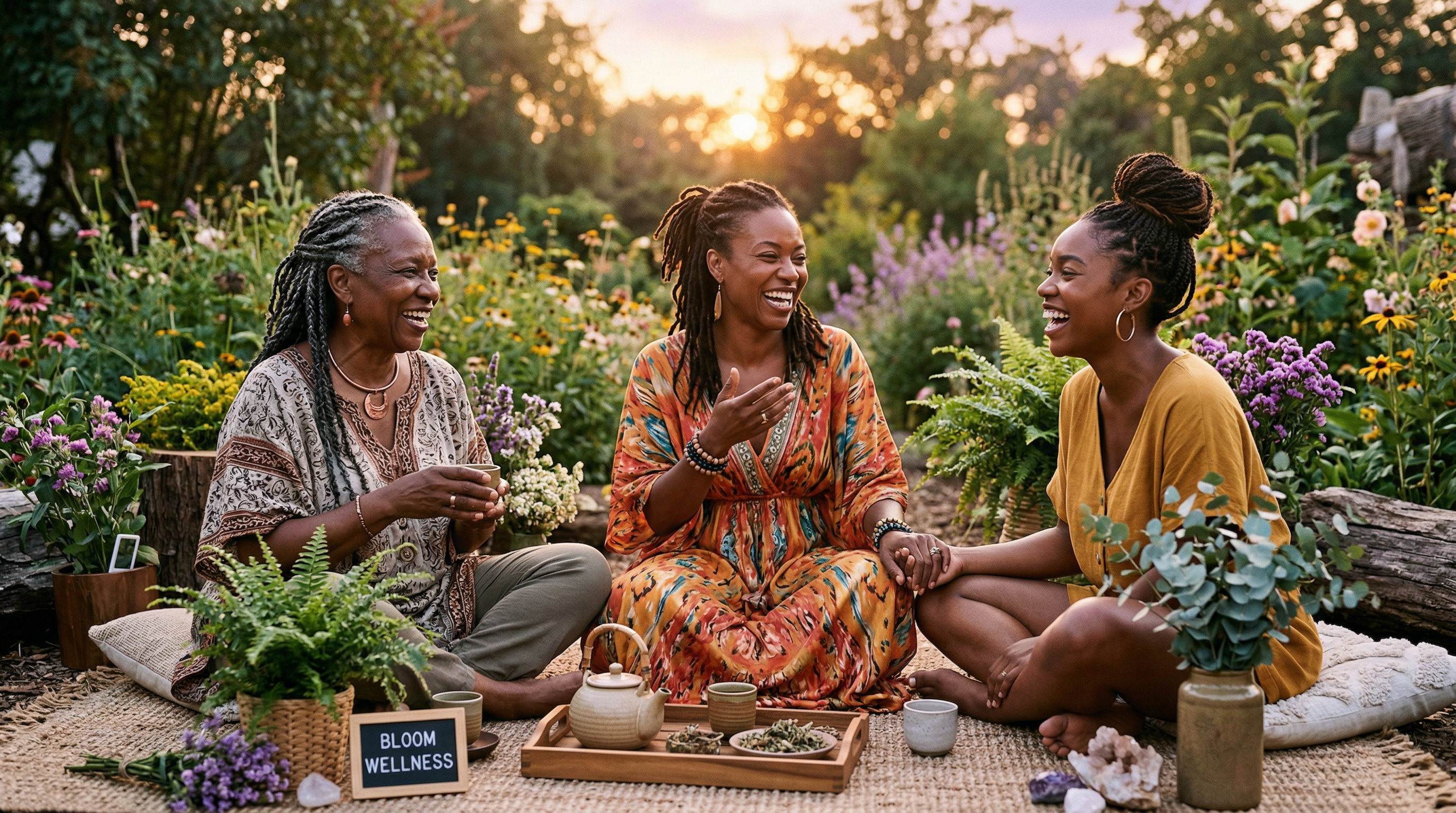 Three Black women of different generations sitting together laughing in a garden