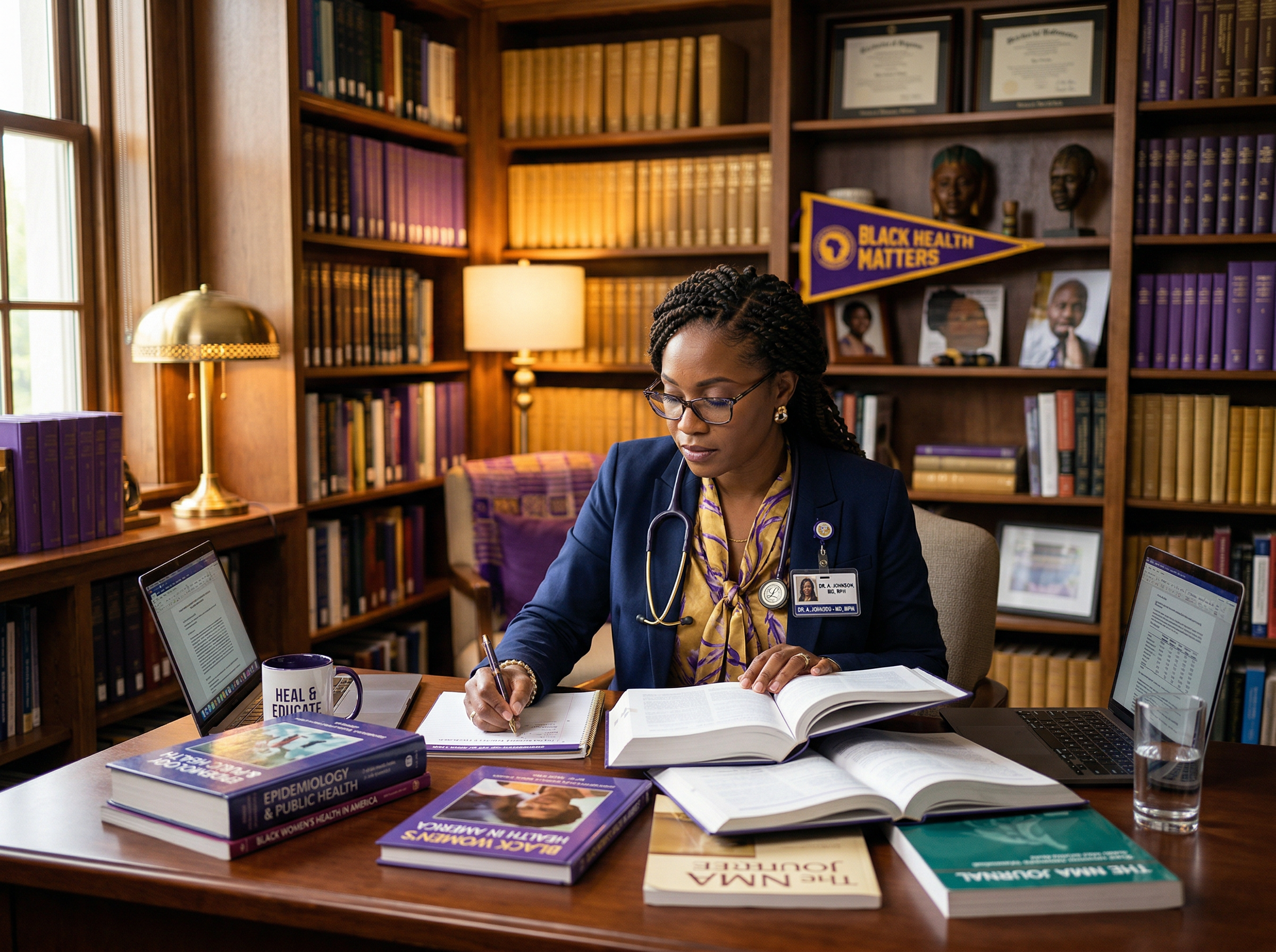 Black woman health researcher studying medical literature in a library