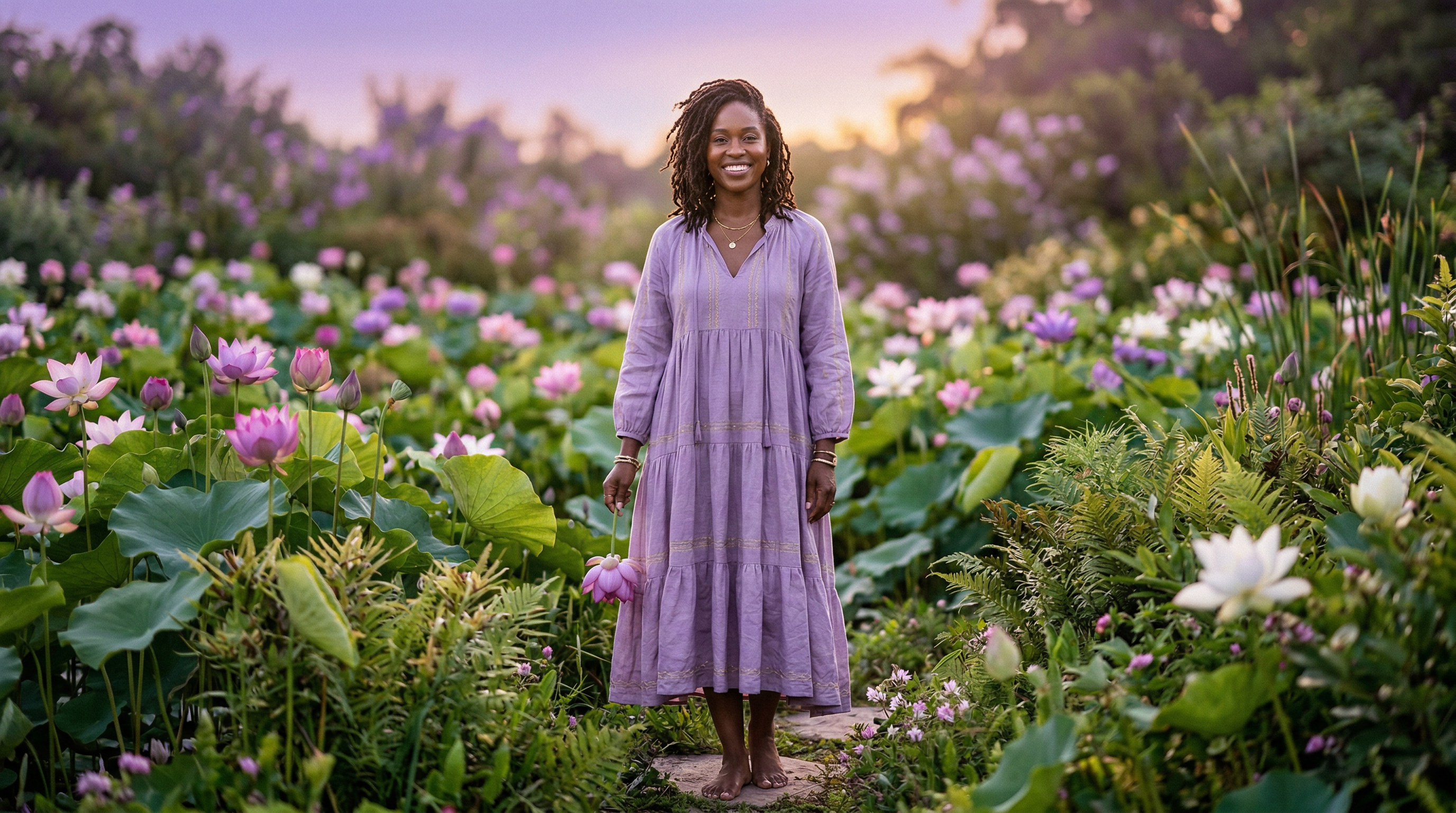 An empowered Black woman standing among lotus flowers in purple and golden light