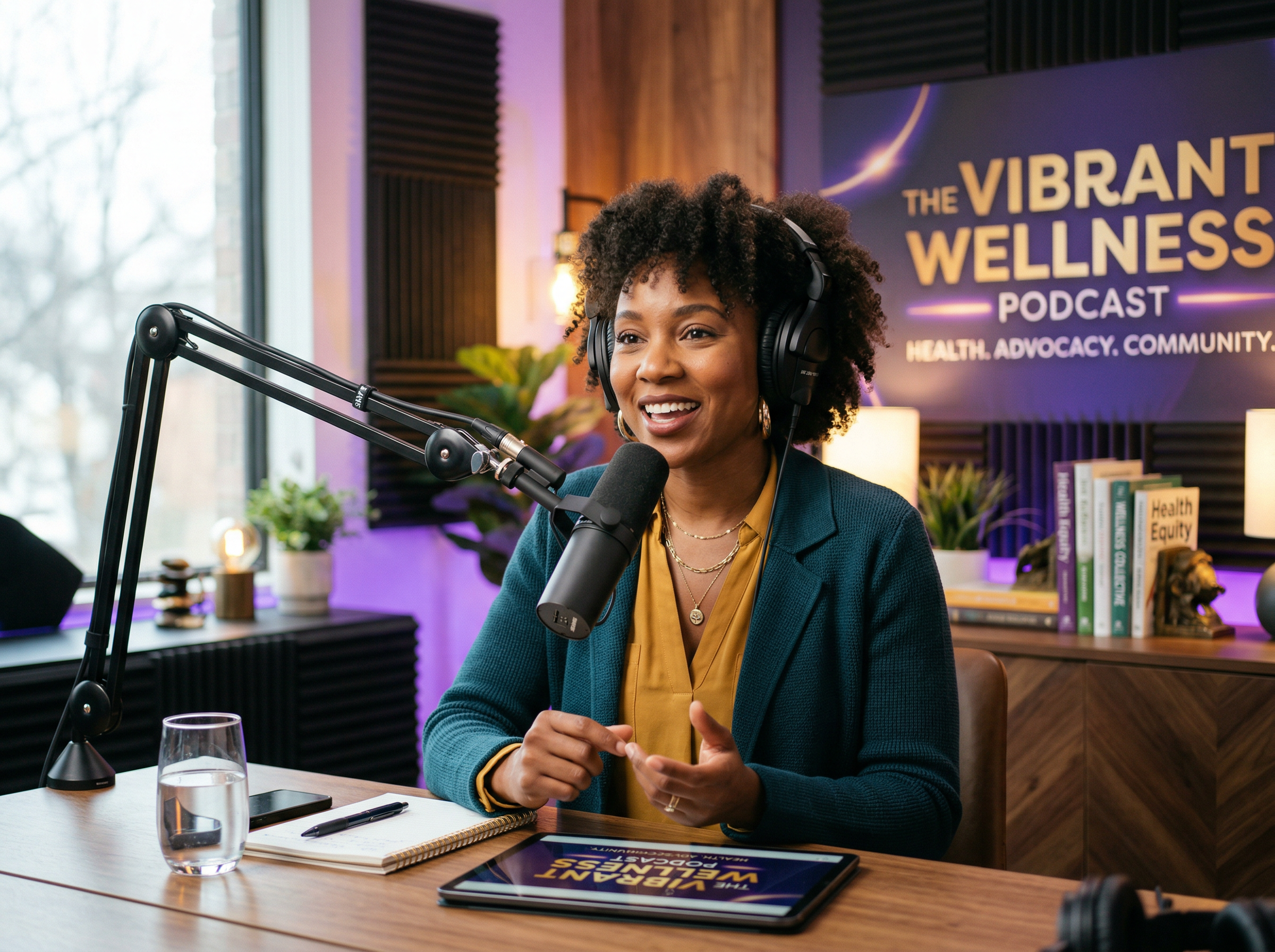 Black woman podcaster speaking into microphone in a wellness studio