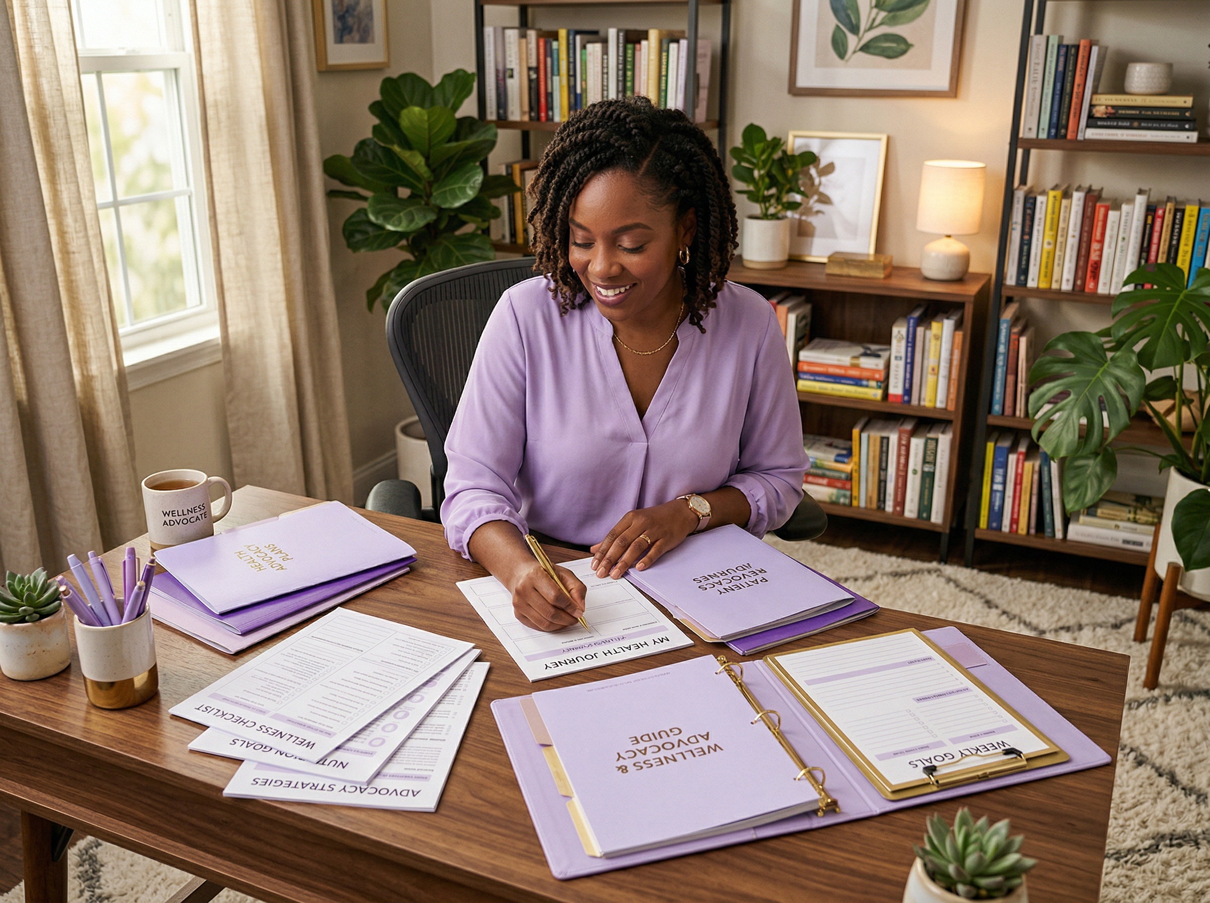 Black woman organizing wellness worksheets and health advocacy documents