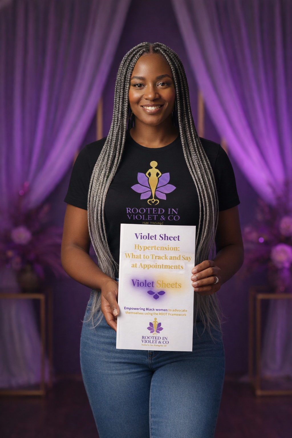 Black woman holding Rooted in Violet & Co Hypertension Violet Sheet advocacy guide